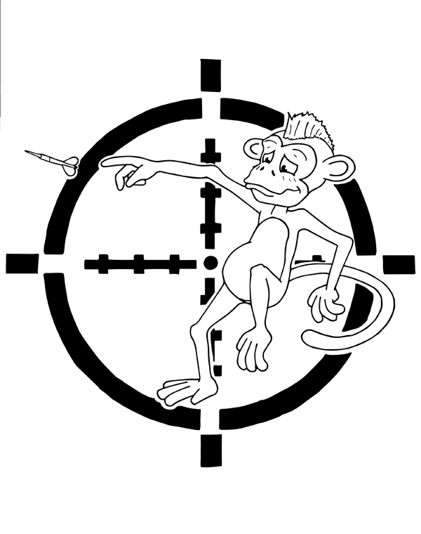 Drunken monkey playing darts.