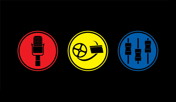 Custom symbols representing recording, editing, and mixing.